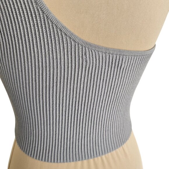 Babaton Grey One Shoulder Ribbed Sculpt Knit Cropped Top Sz L - Picture 5 of 9